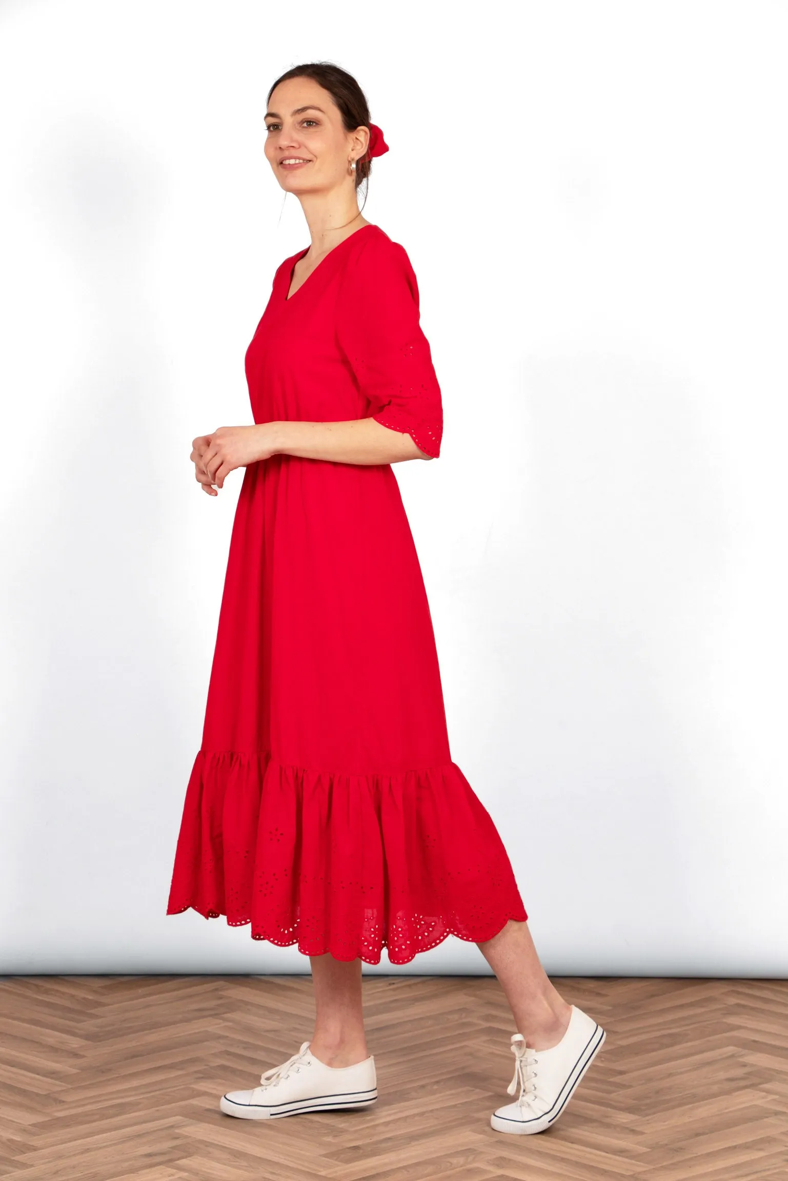Aurelia Cotton Fit & Flare Midaxi Dress - Red, Broderie Anglaise