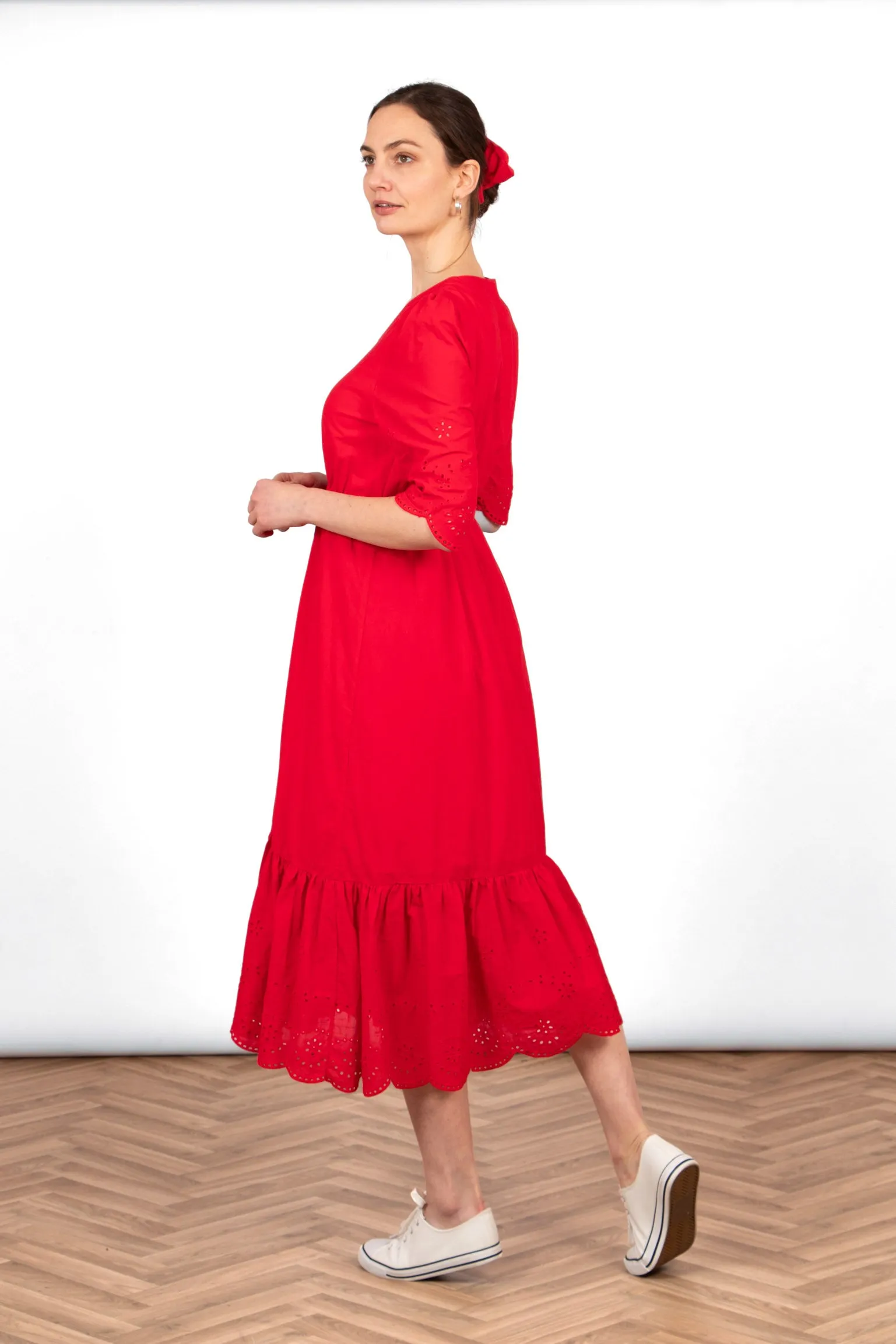 Aurelia Cotton Fit & Flare Midaxi Dress - Red, Broderie Anglaise