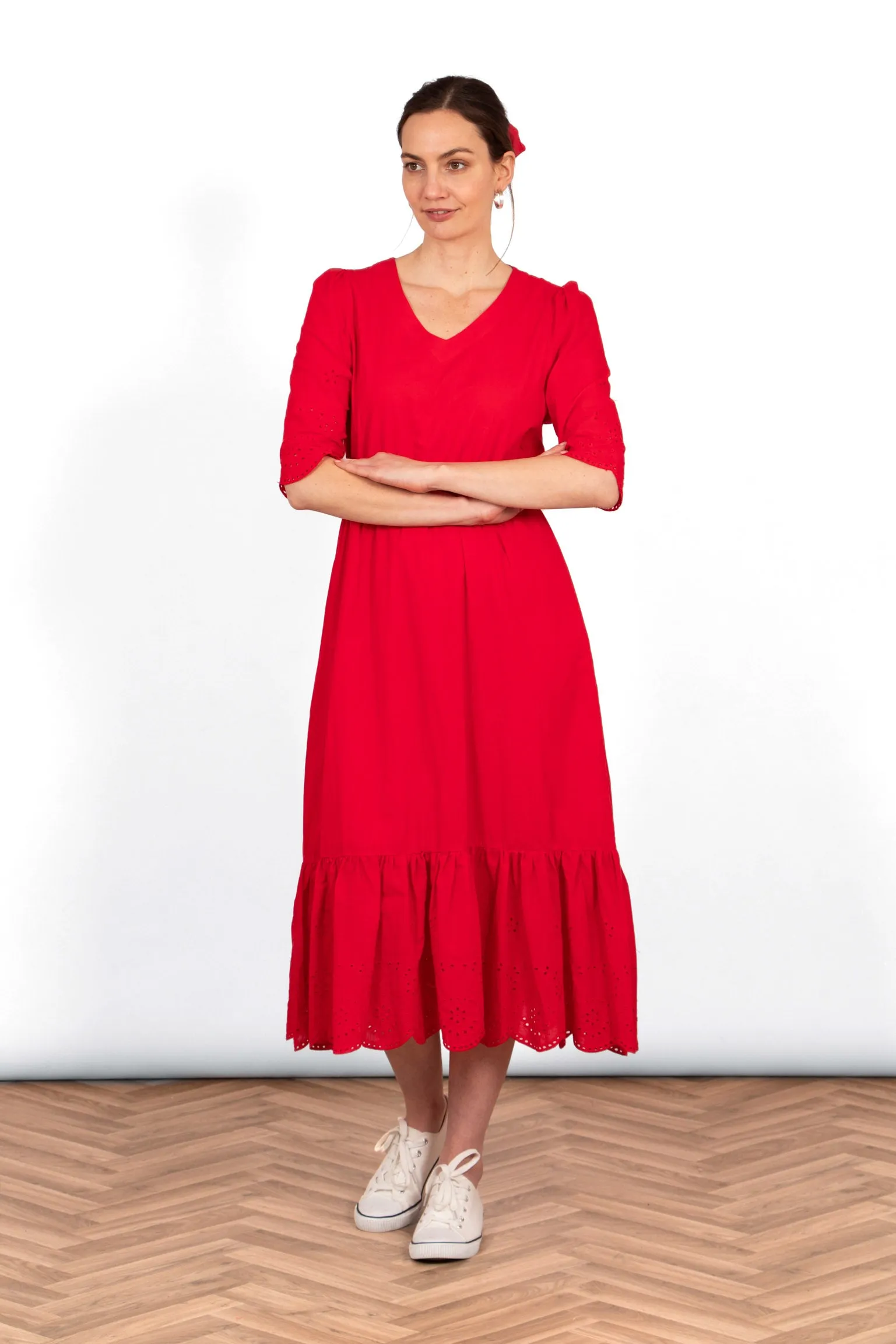 Aurelia Cotton Fit & Flare Midaxi Dress - Red, Broderie Anglaise