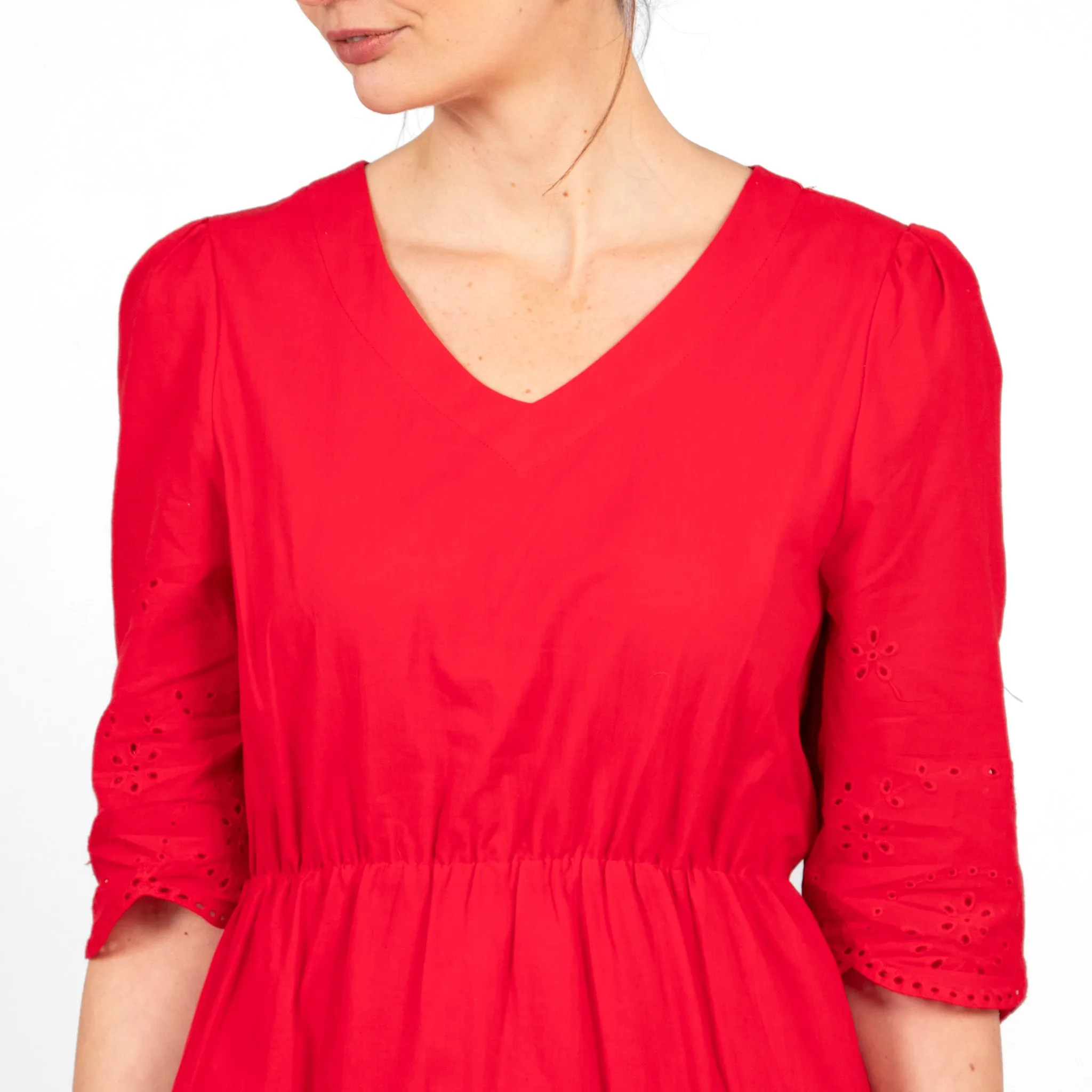 Aurelia Cotton Fit & Flare Midaxi Dress - Red, Broderie Anglaise
