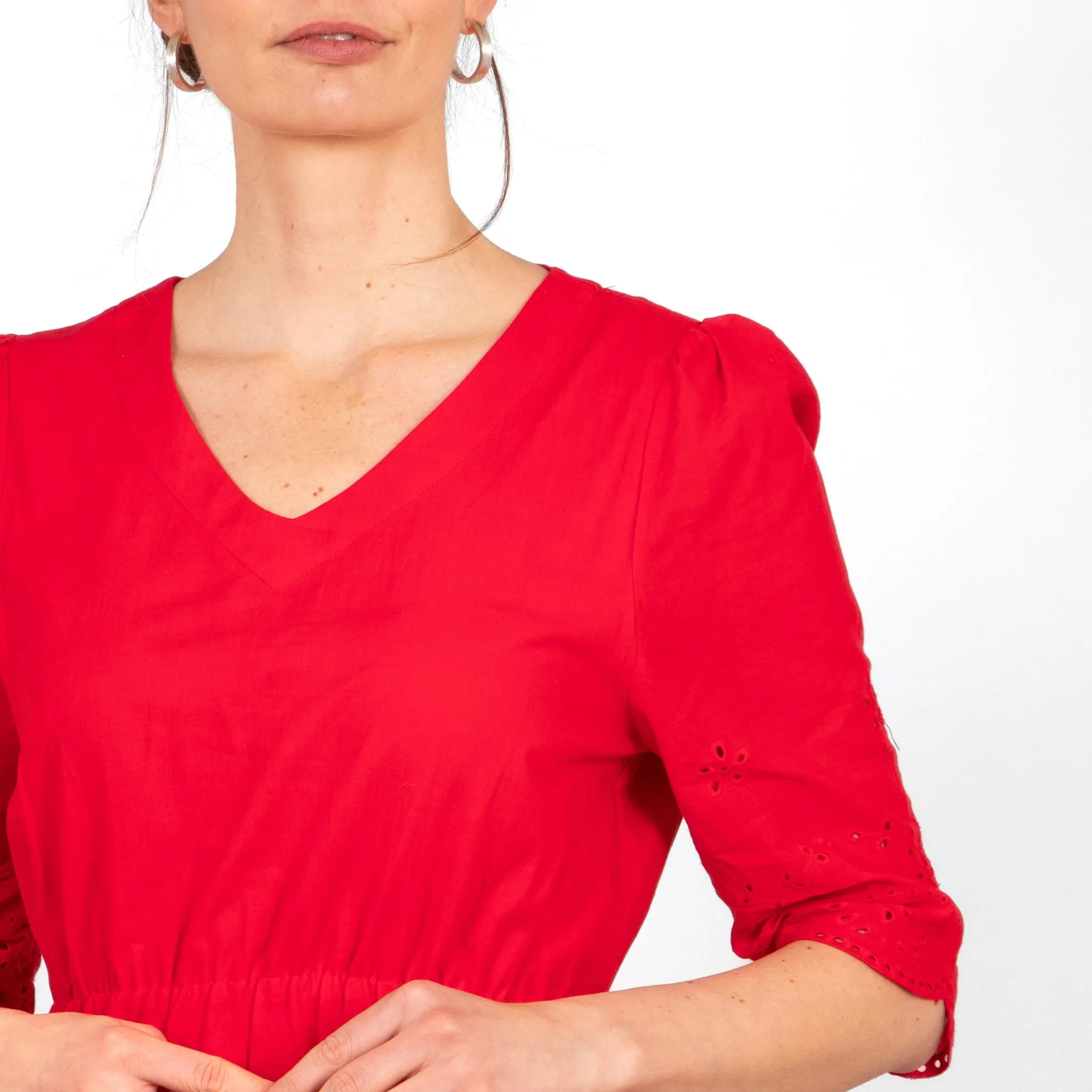 Aurelia Cotton Fit & Flare Midaxi Dress - Red, Broderie Anglaise
