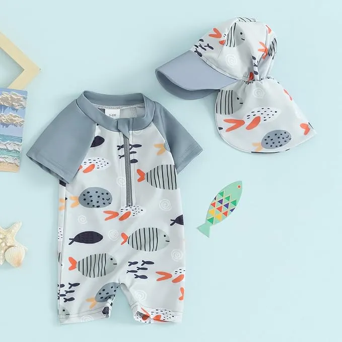 BemeUSWT Baby Boy Swimming Costume Baby Swimsuit 3 6 12 18 Months Infant Toddler Boys Swimwear Rash Guard Zipper One Piece Short