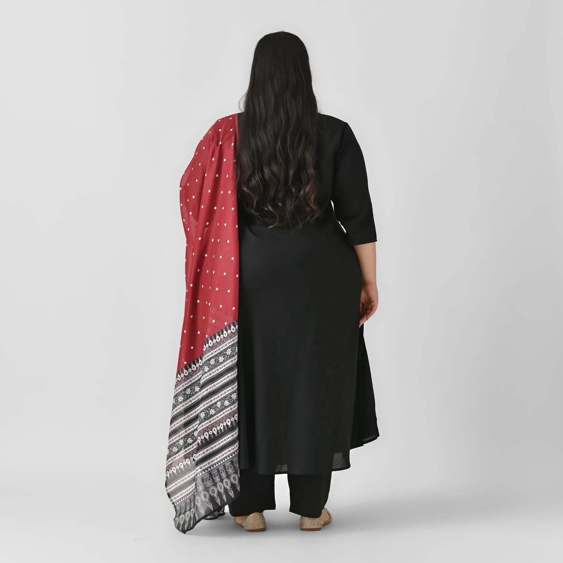 Black & Maroon Rayon Flared Kurta Palazzo Set With Dupatta (Plus)