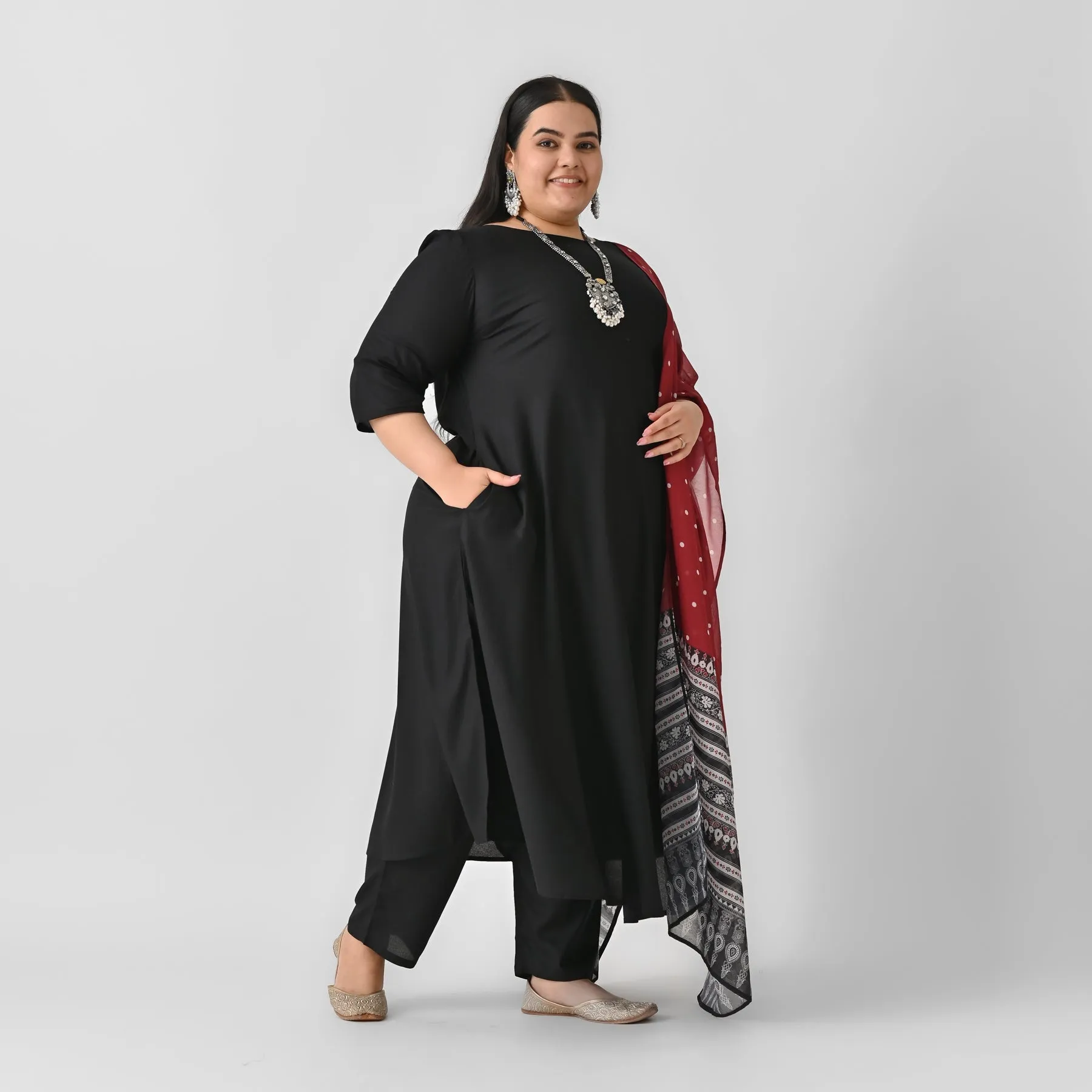 Black & Maroon Rayon Flared Kurta Palazzo Set With Dupatta (Plus)