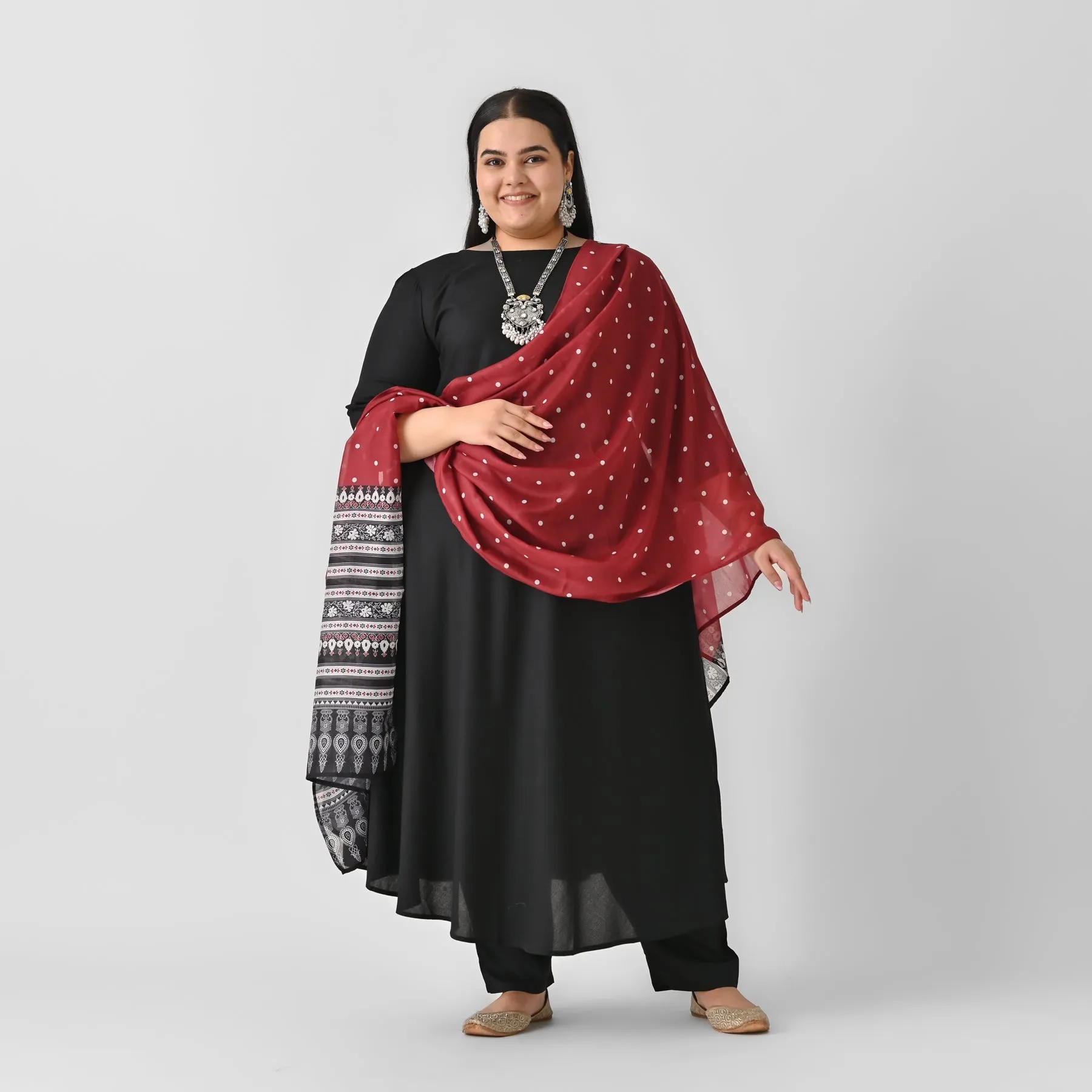 Black & Maroon Rayon Flared Kurta Palazzo Set With Dupatta (Plus)