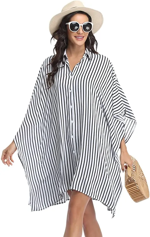Black & White Pin Stripe Button Up Swimwear Cover Up