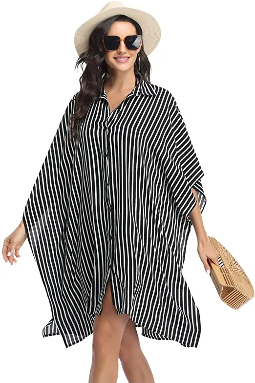 Black & White Pin Stripe Button Up Swimwear Cover Up