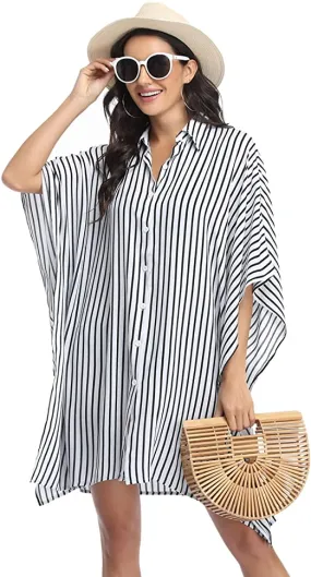 Black & White Pin Stripe Button Up Swimwear Cover Up