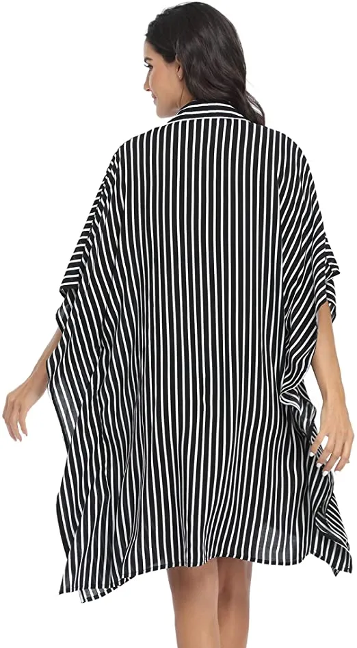 Black & White Pin Stripe Button Up Swimwear Cover Up
