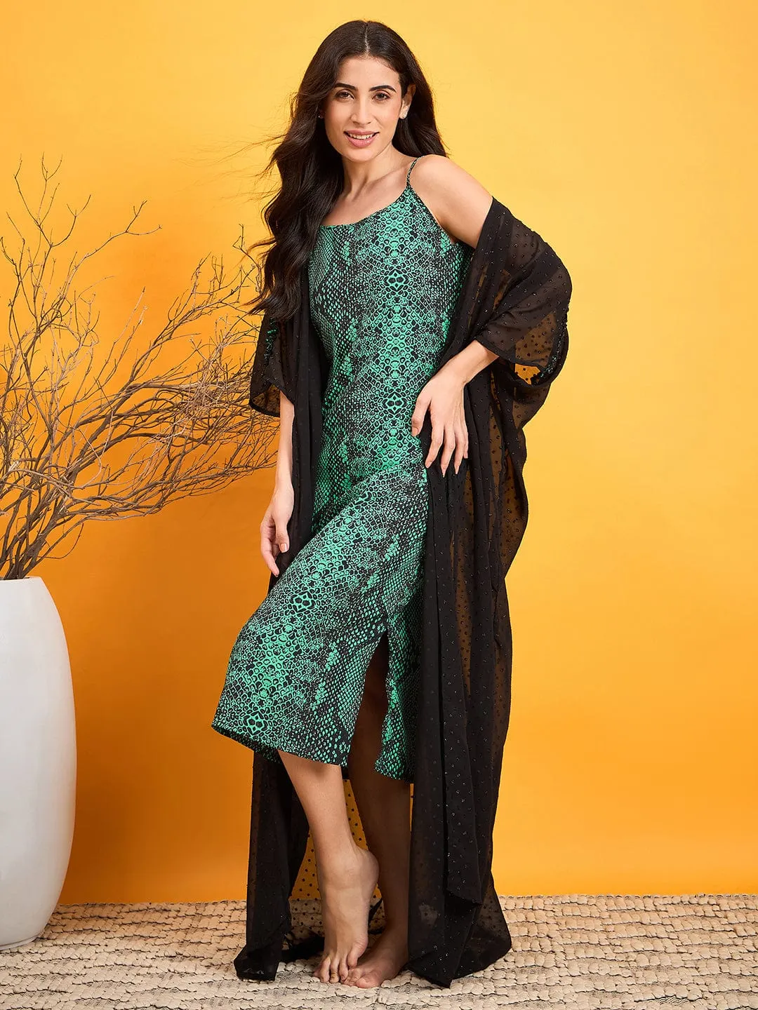 Black And Green Dobby  Kaftan Cover Up