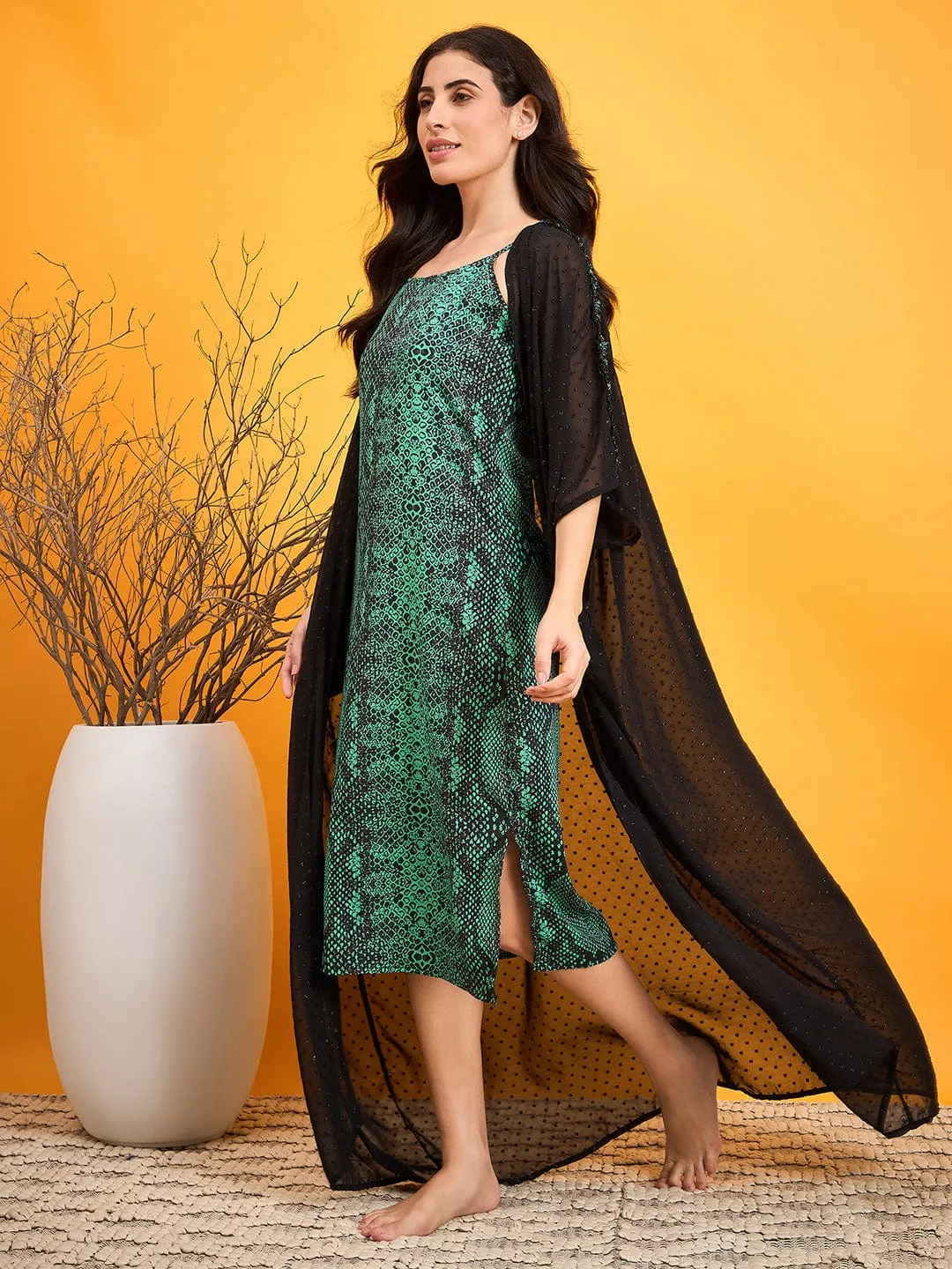 Black And Green Dobby  Kaftan Cover Up