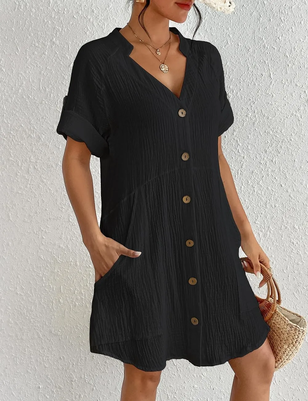 Black Lightweight Pocketed Short Sleeve Beach Dress