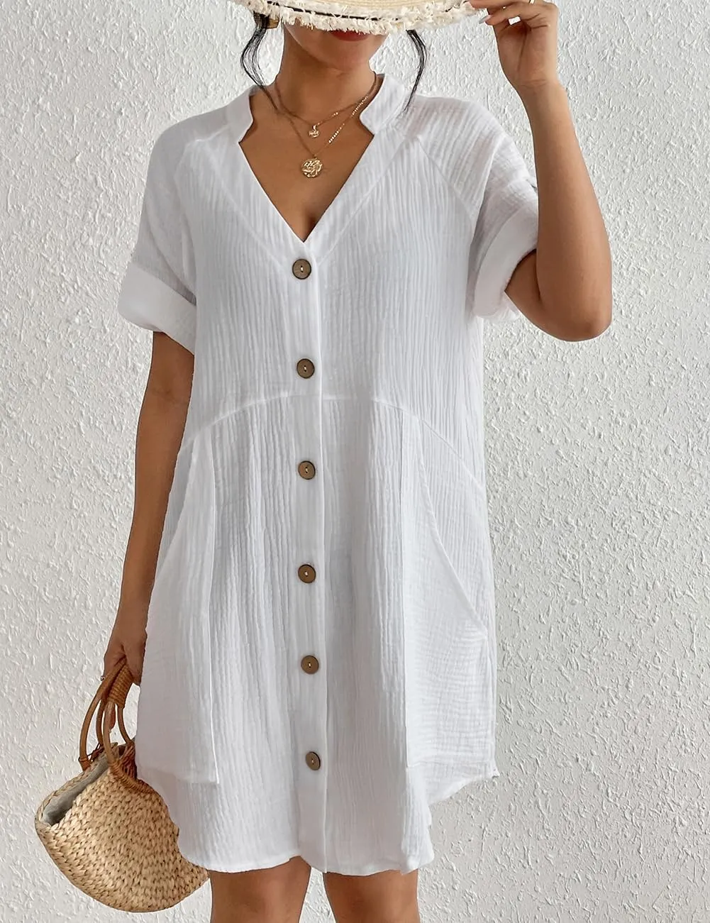 Black Lightweight Pocketed Short Sleeve Beach Dress