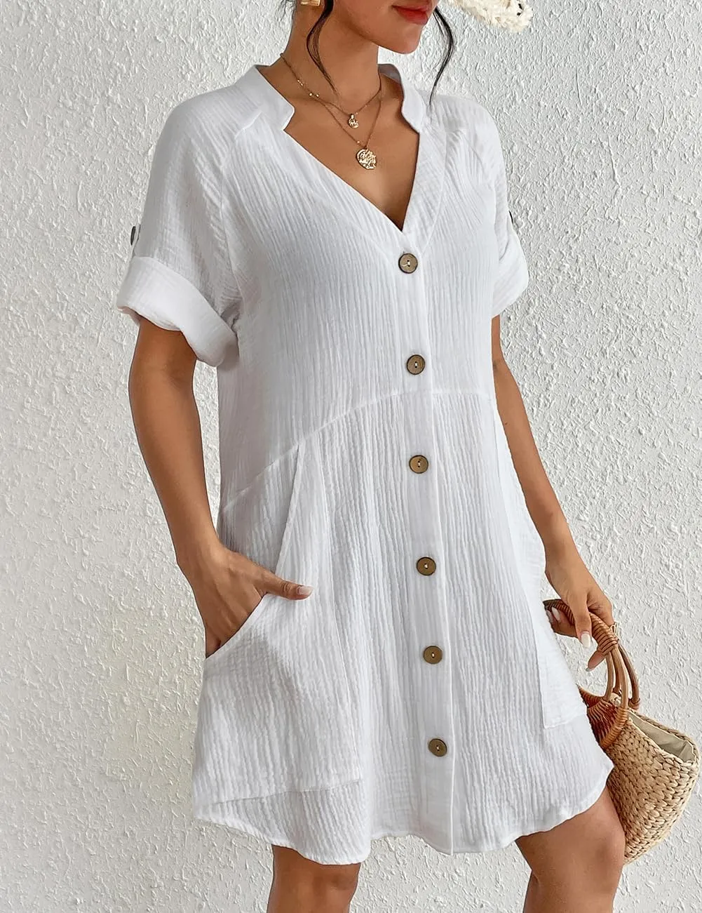 Black Lightweight Pocketed Short Sleeve Beach Dress