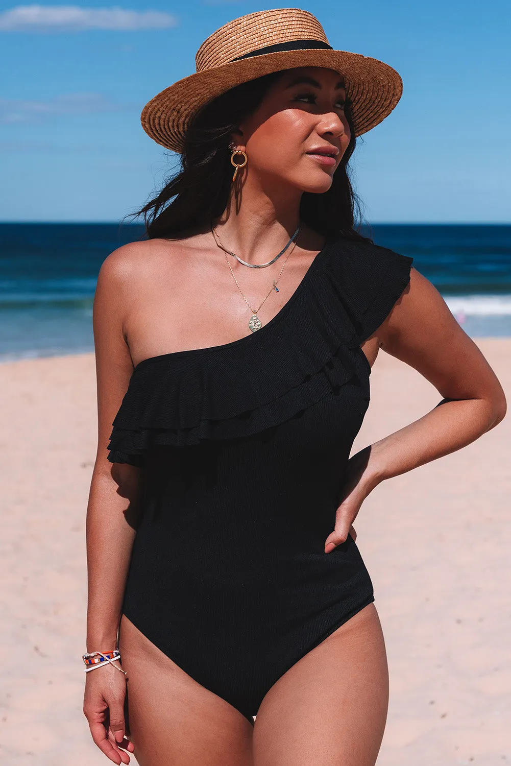 Black Ruffle Tiered One Shoulder One Piece Swimsuit