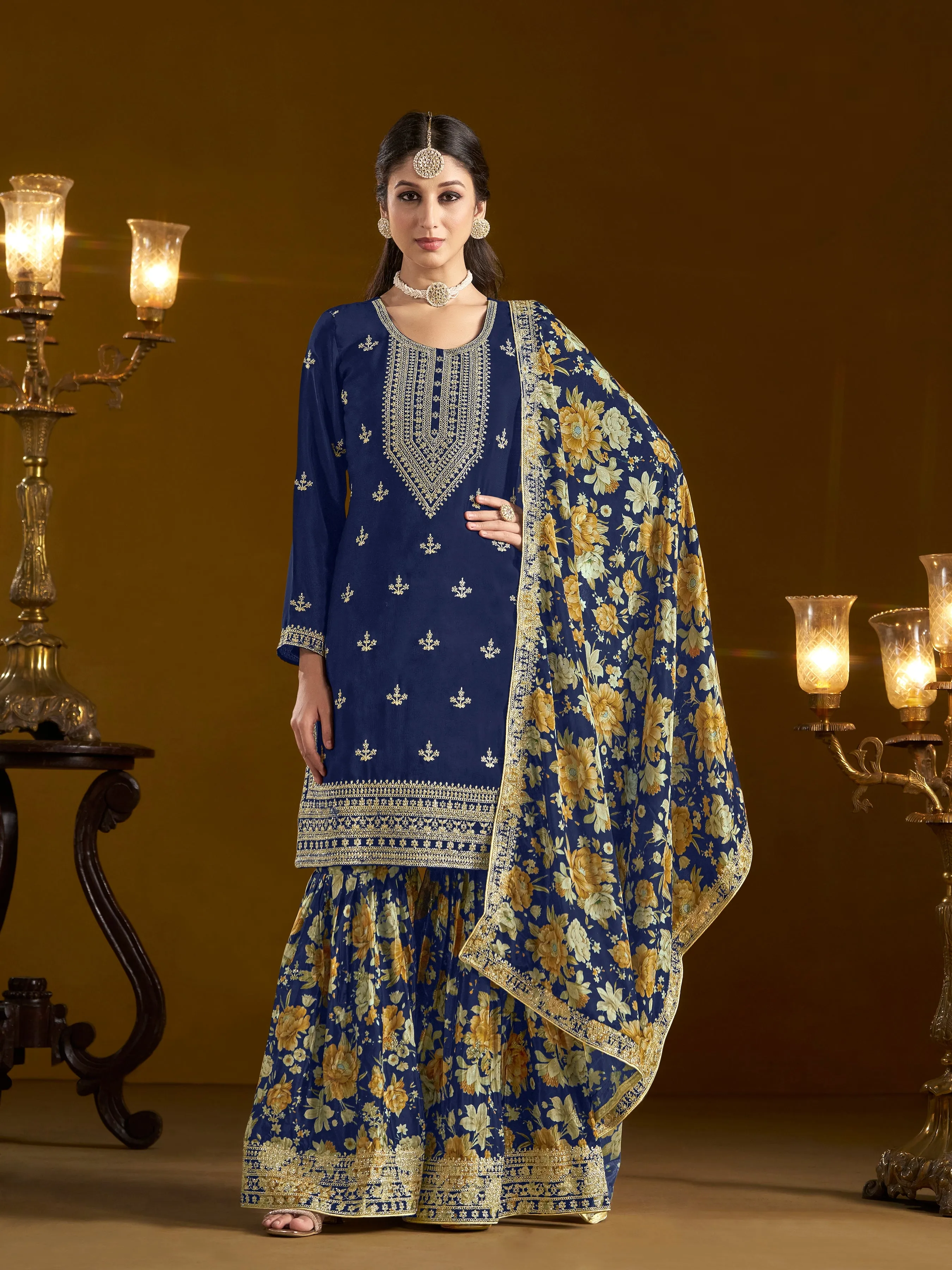 Blue Pure Chinnon Silk Embroidered Palazzo Suit