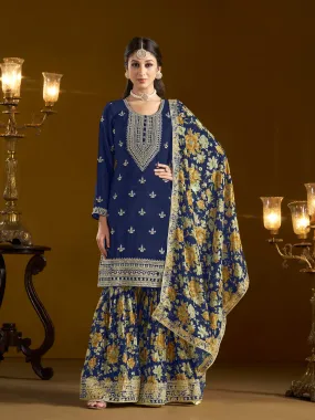 Blue Pure Chinnon Silk Embroidered Palazzo Suit
