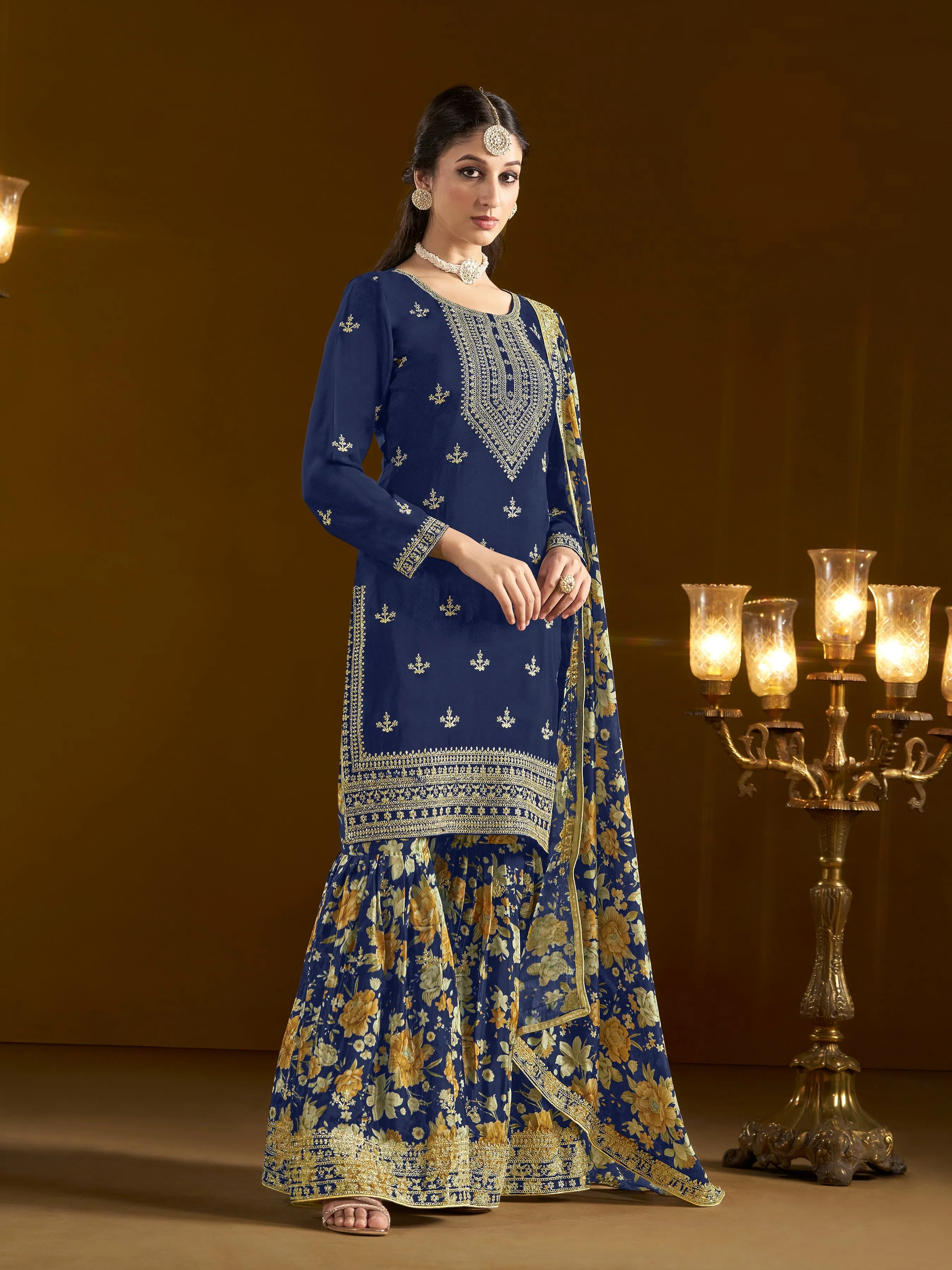 Blue Pure Chinnon Silk Embroidered Palazzo Suit