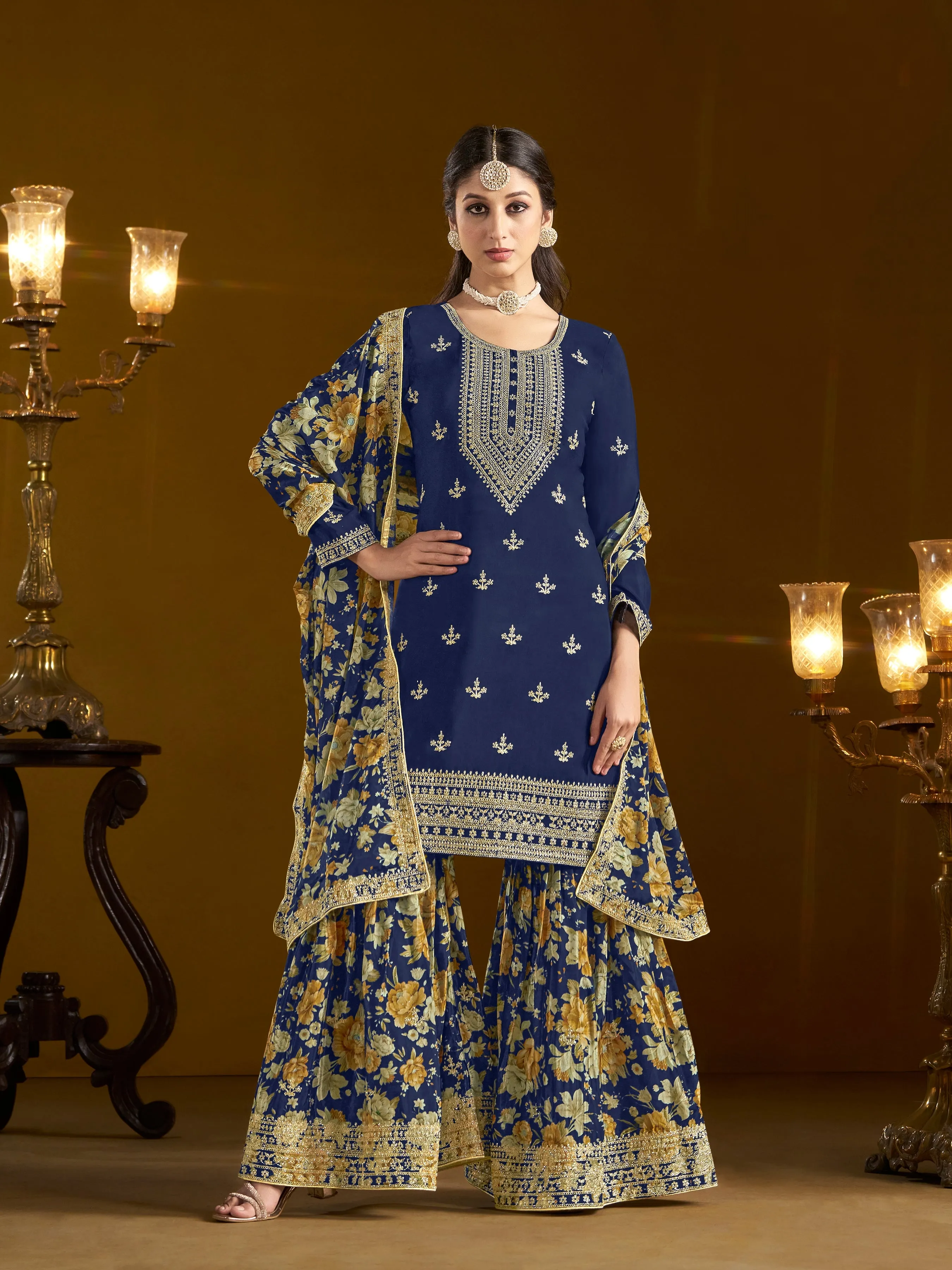 Blue Pure Chinnon Silk Embroidered Palazzo Suit