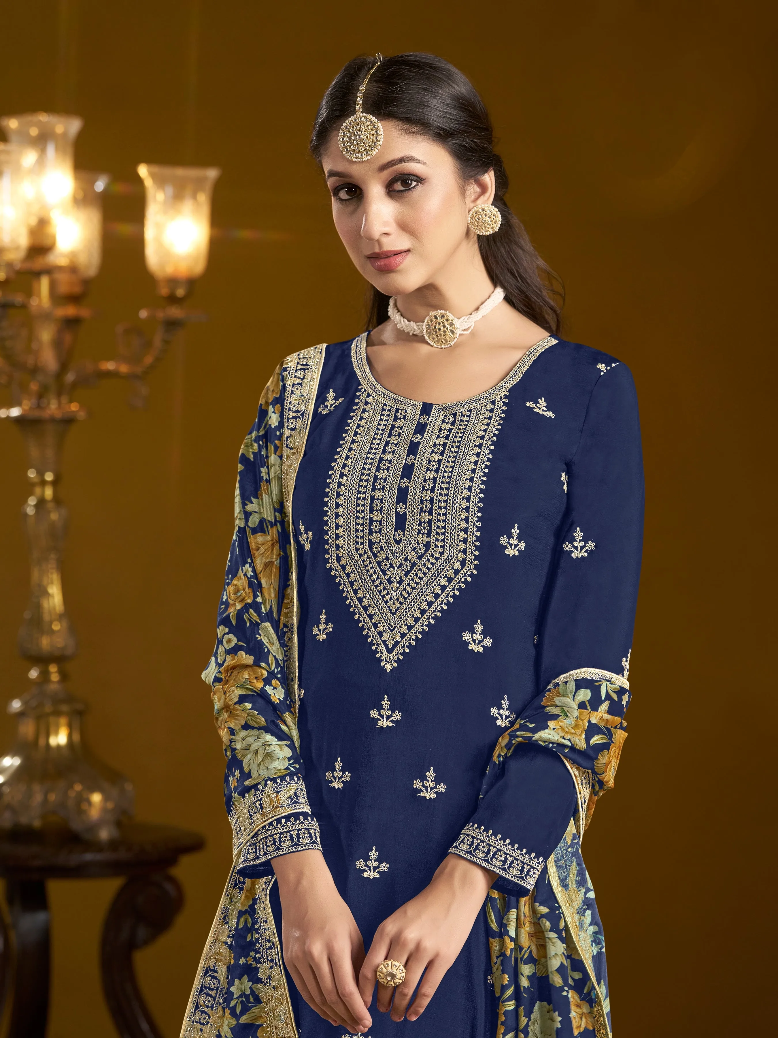 Blue Pure Chinnon Silk Embroidered Palazzo Suit