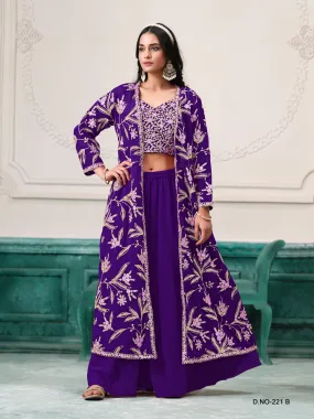 Blue Pure Faux Georgette Embroidered Palazzo Suit