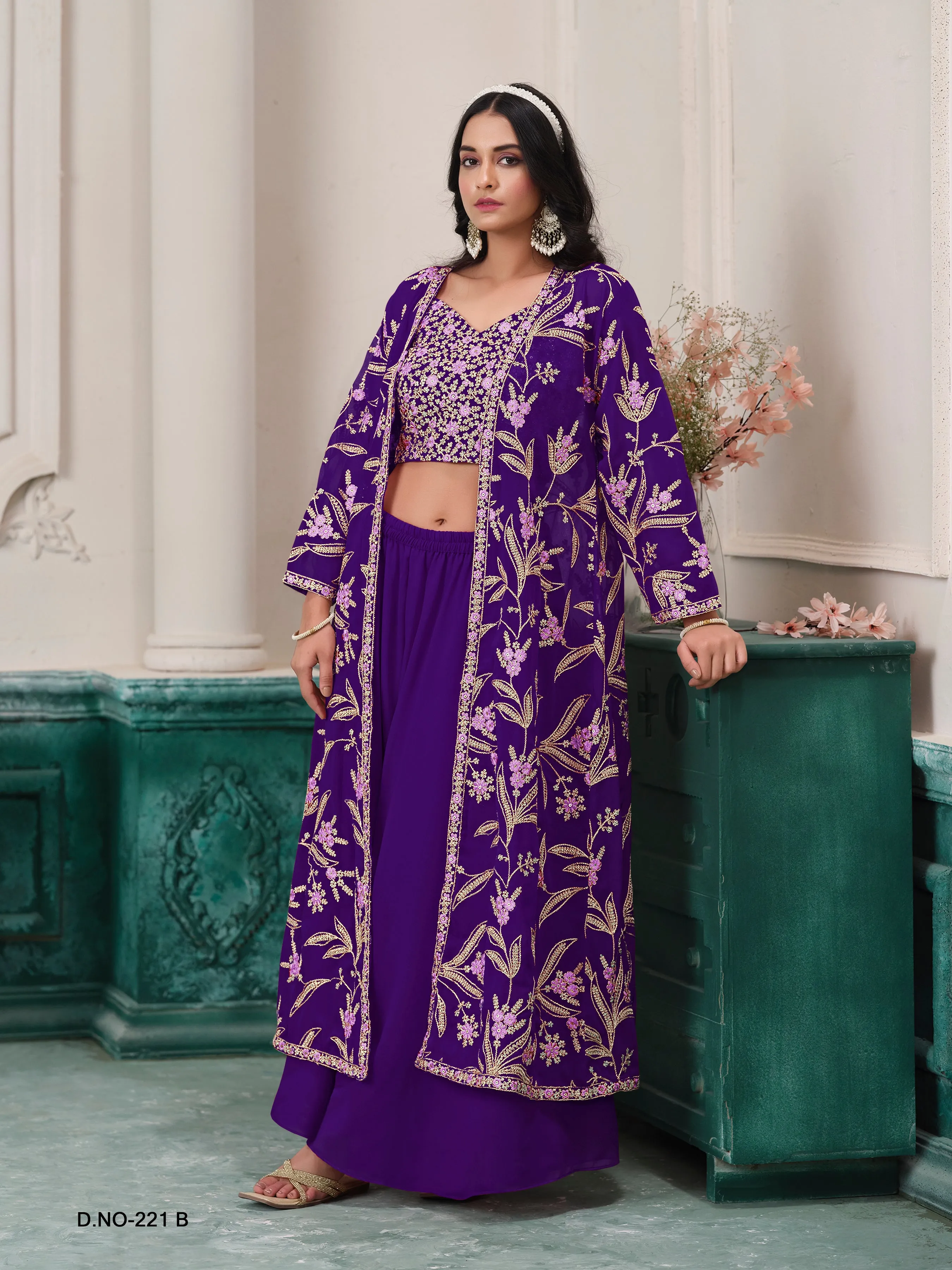 Blue Pure Faux Georgette Embroidered Palazzo Suit