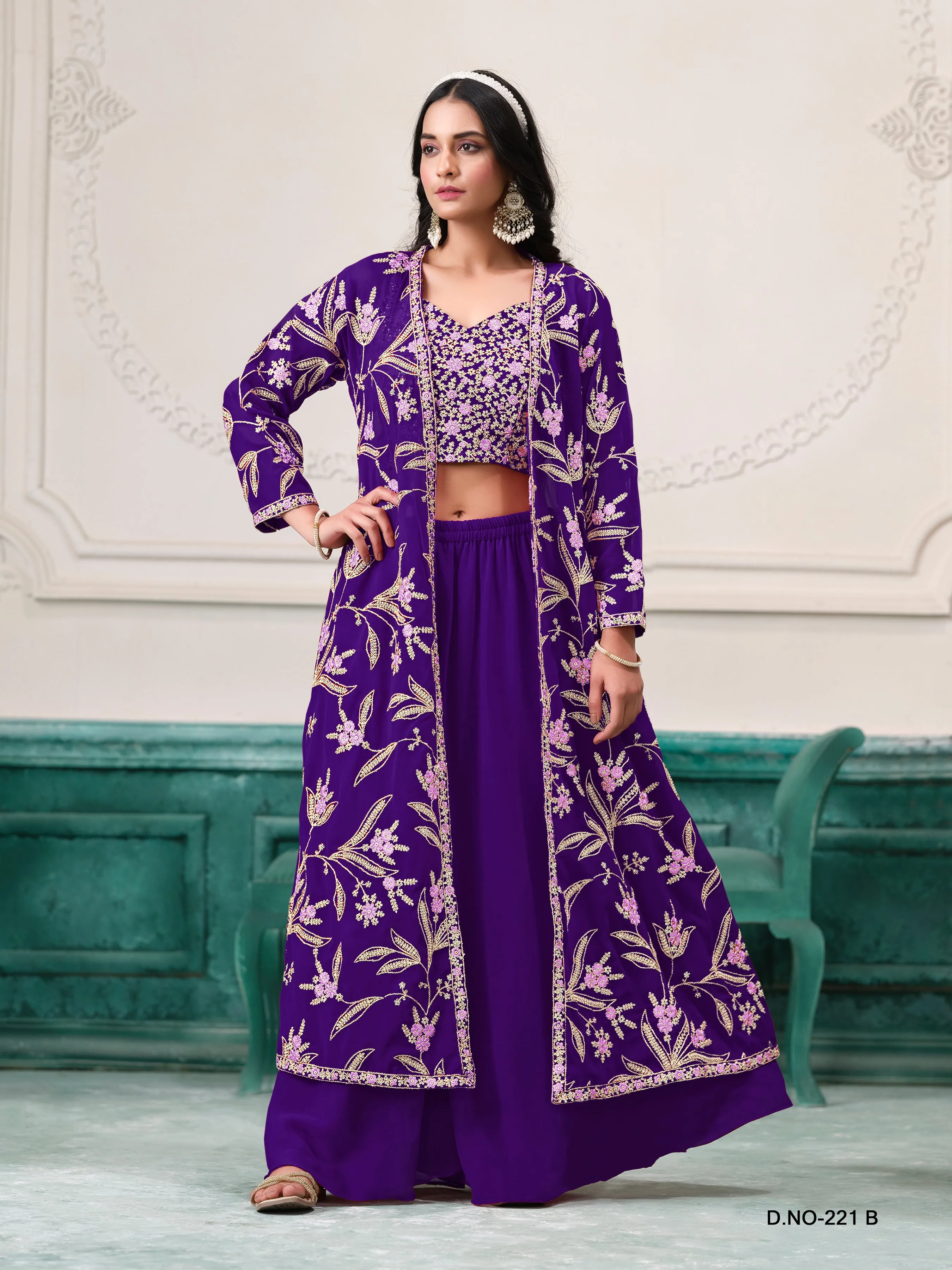 Blue Pure Faux Georgette Embroidered Palazzo Suit