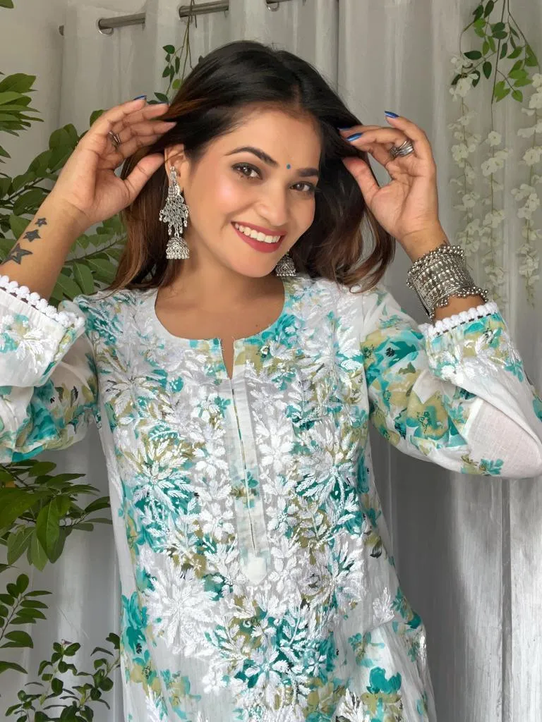 Blue White Lucknowi Chikankari Mul Mul Cotton Kurti and Palazzo Co-ord Set