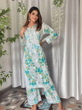 Blue White Lucknowi Chikankari Mul Mul Cotton Kurti and Palazzo Co-ord Set