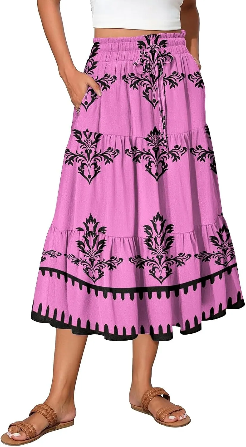 Boho Dresses for Women 2025 Loose Casual Trendy Floral Print Elastic Waist Lightweight Hawaiian Maxi Skirts, S-2XL