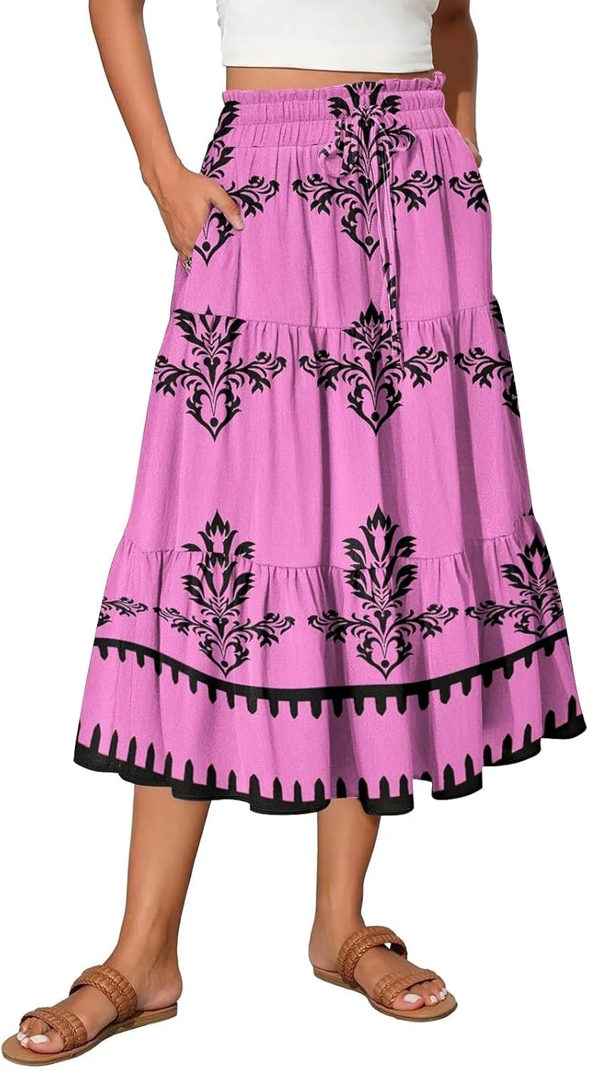 Boho Dresses for Women 2025 Loose Casual Trendy Floral Print Elastic Waist Lightweight Hawaiian Maxi Skirts, S-2XL