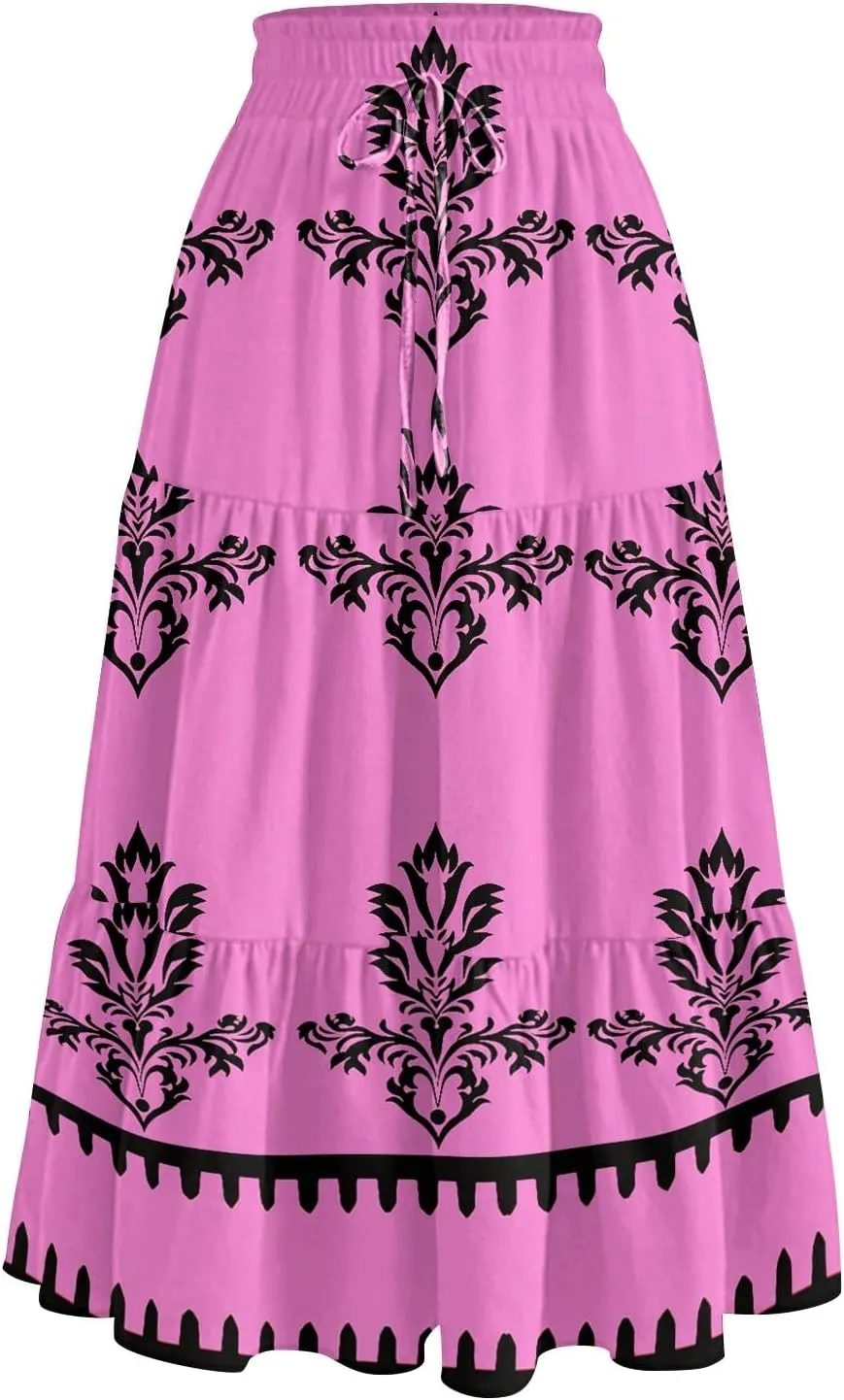 Boho Dresses for Women 2025 Loose Casual Trendy Floral Print Elastic Waist Lightweight Hawaiian Maxi Skirts, S-2XL