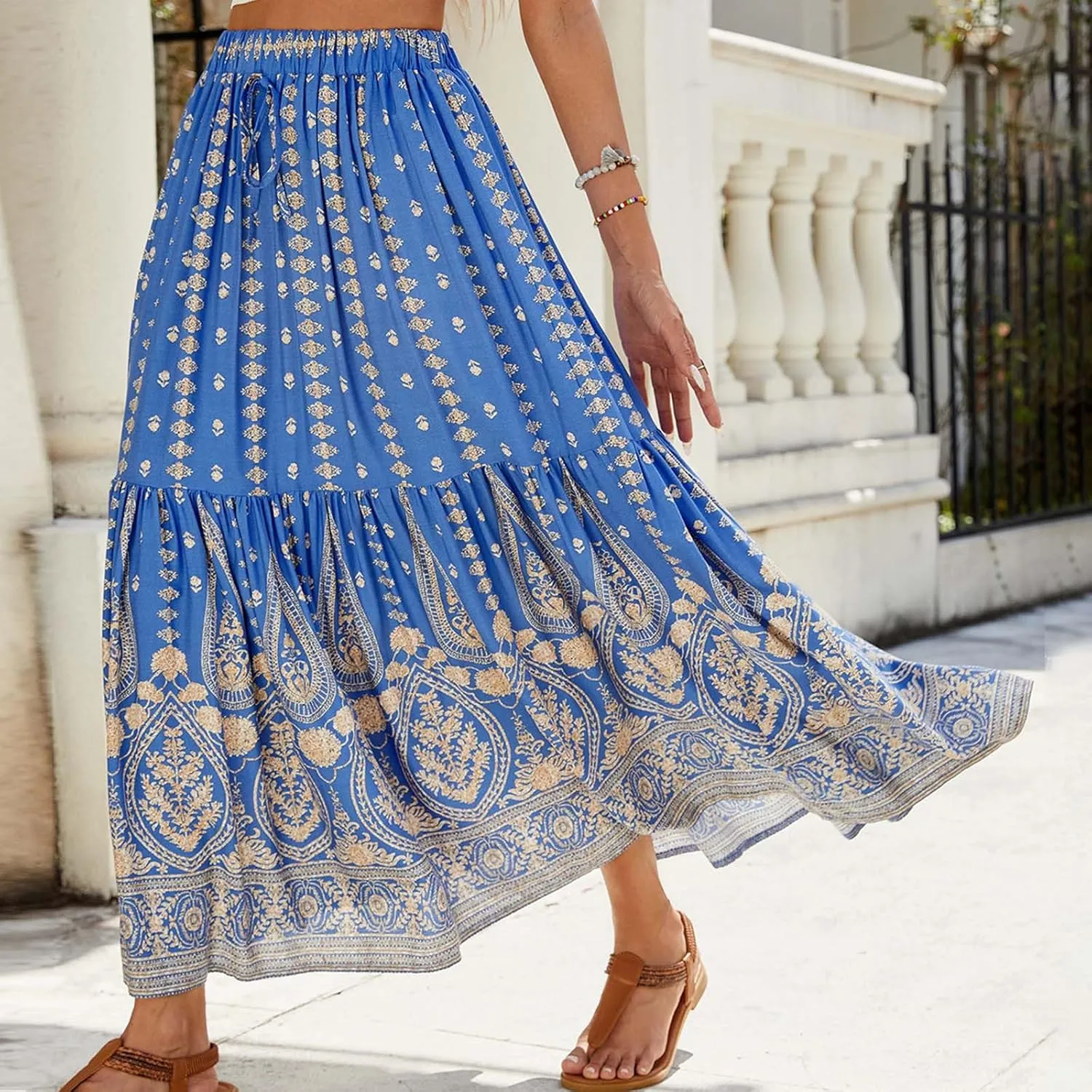 Boho Floral Skirts for Women High Waist Vintage Tiered Ruffled Hem Hawaiian Beach Flowy Maxi Smocked Skirts