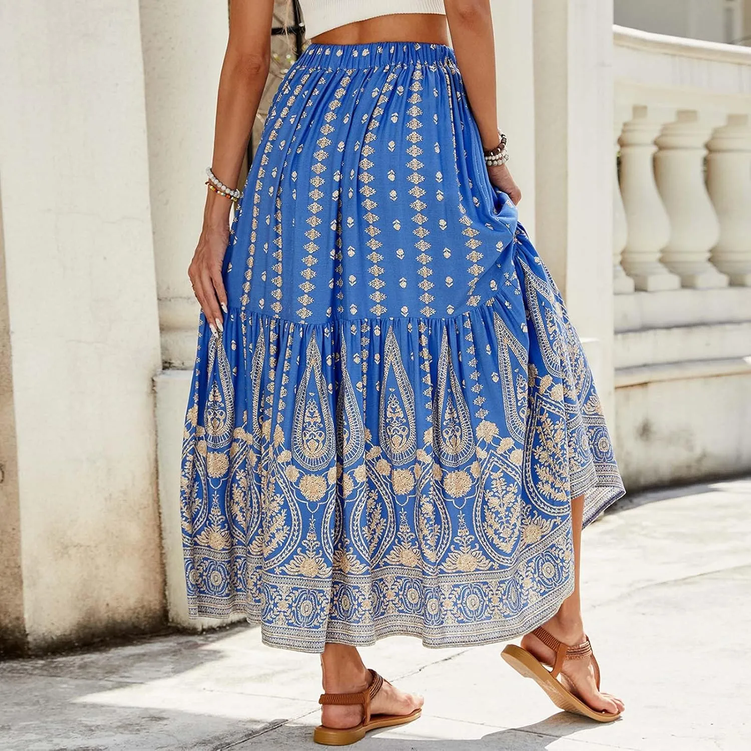 Boho Floral Skirts for Women High Waist Vintage Tiered Ruffled Hem Hawaiian Beach Flowy Maxi Smocked Skirts
