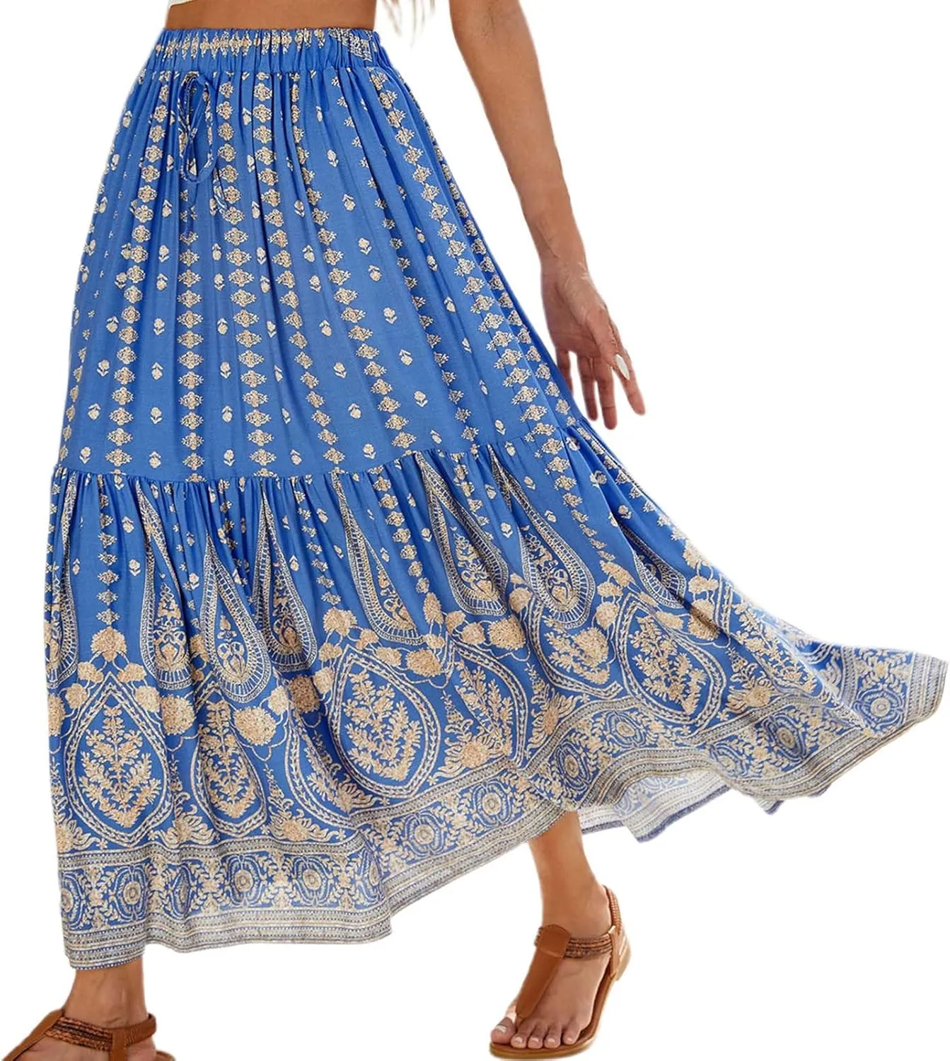 Boho Floral Skirts for Women High Waist Vintage Tiered Ruffled Hem Hawaiian Beach Flowy Maxi Smocked Skirts