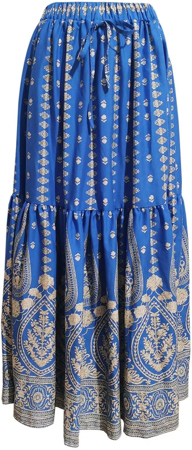 Boho Floral Skirts for Women High Waist Vintage Tiered Ruffled Hem Hawaiian Beach Flowy Maxi Smocked Skirts