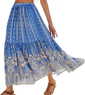 Boho Floral Skirts for Women High Waist Vintage Tiered Ruffled Hem Hawaiian Beach Flowy Maxi Smocked Skirts