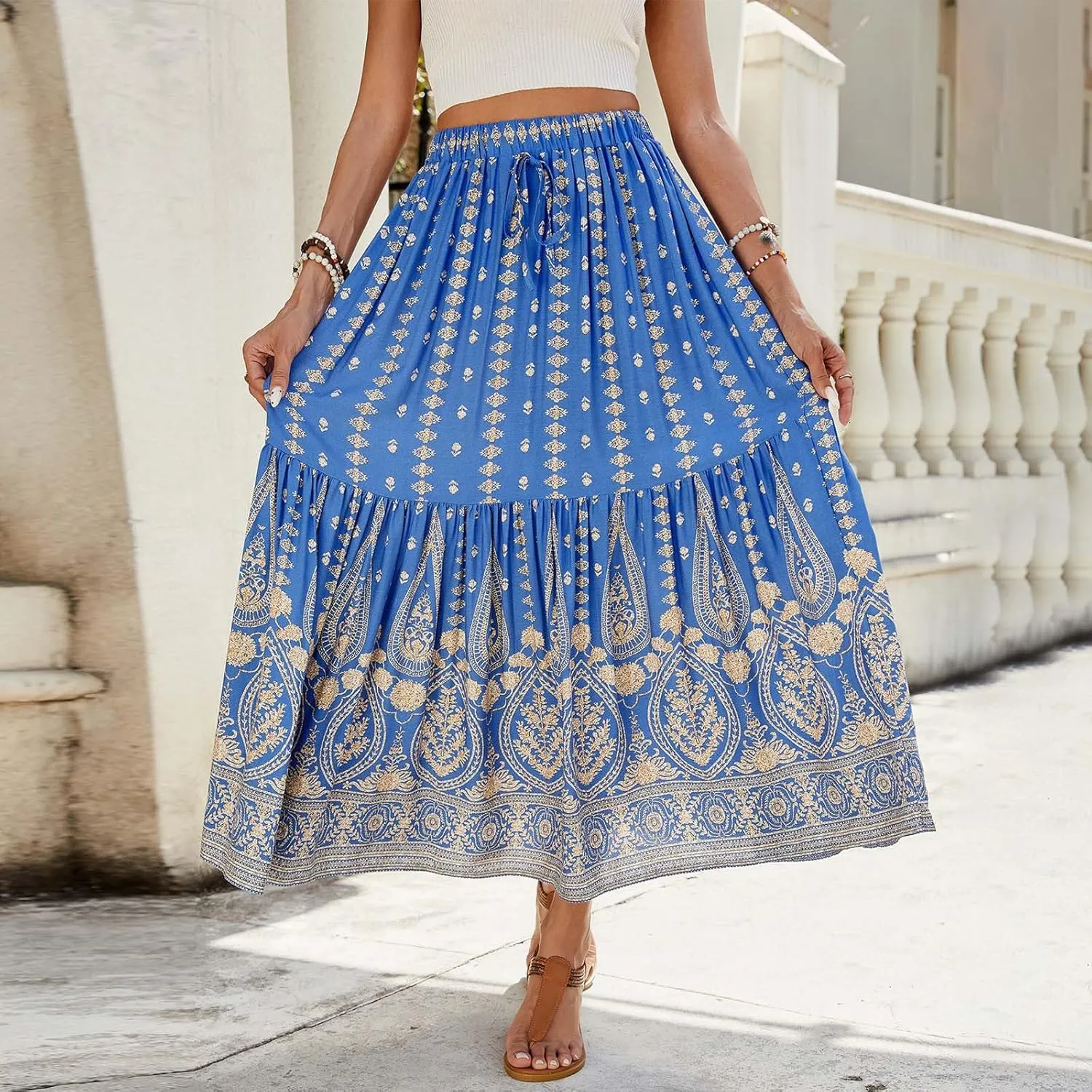 Boho Floral Skirts for Women High Waist Vintage Tiered Ruffled Hem Hawaiian Beach Flowy Maxi Smocked Skirts