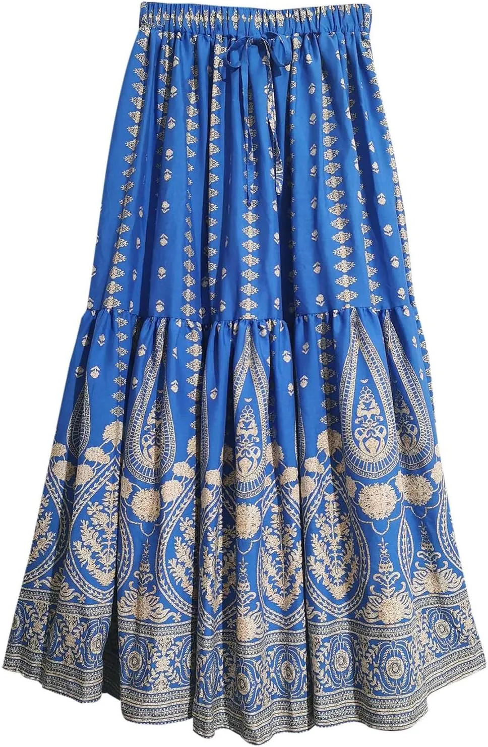 Boho Floral Skirts for Women High Waist Vintage Tiered Ruffled Hem Hawaiian Beach Flowy Maxi Smocked Skirts