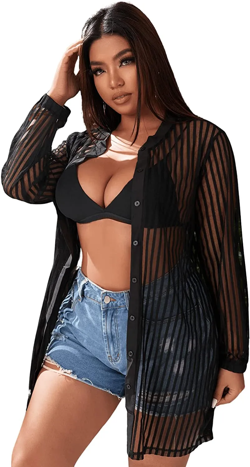 Button Down Black Sheer Mesh Swimsuit Cover Up