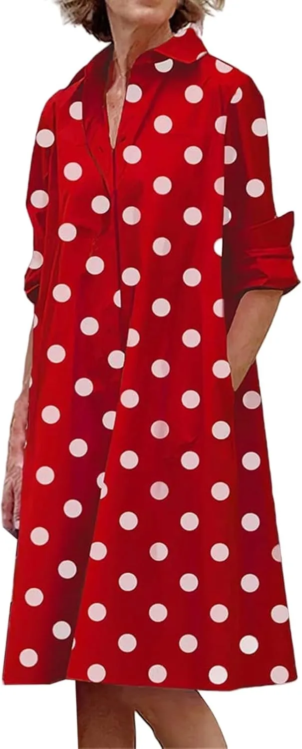 Button Down Dress for Women Summer Long Sleeve V Neck Dresses Business Casual T Shirt Dresses Vacation Sundress Pocket