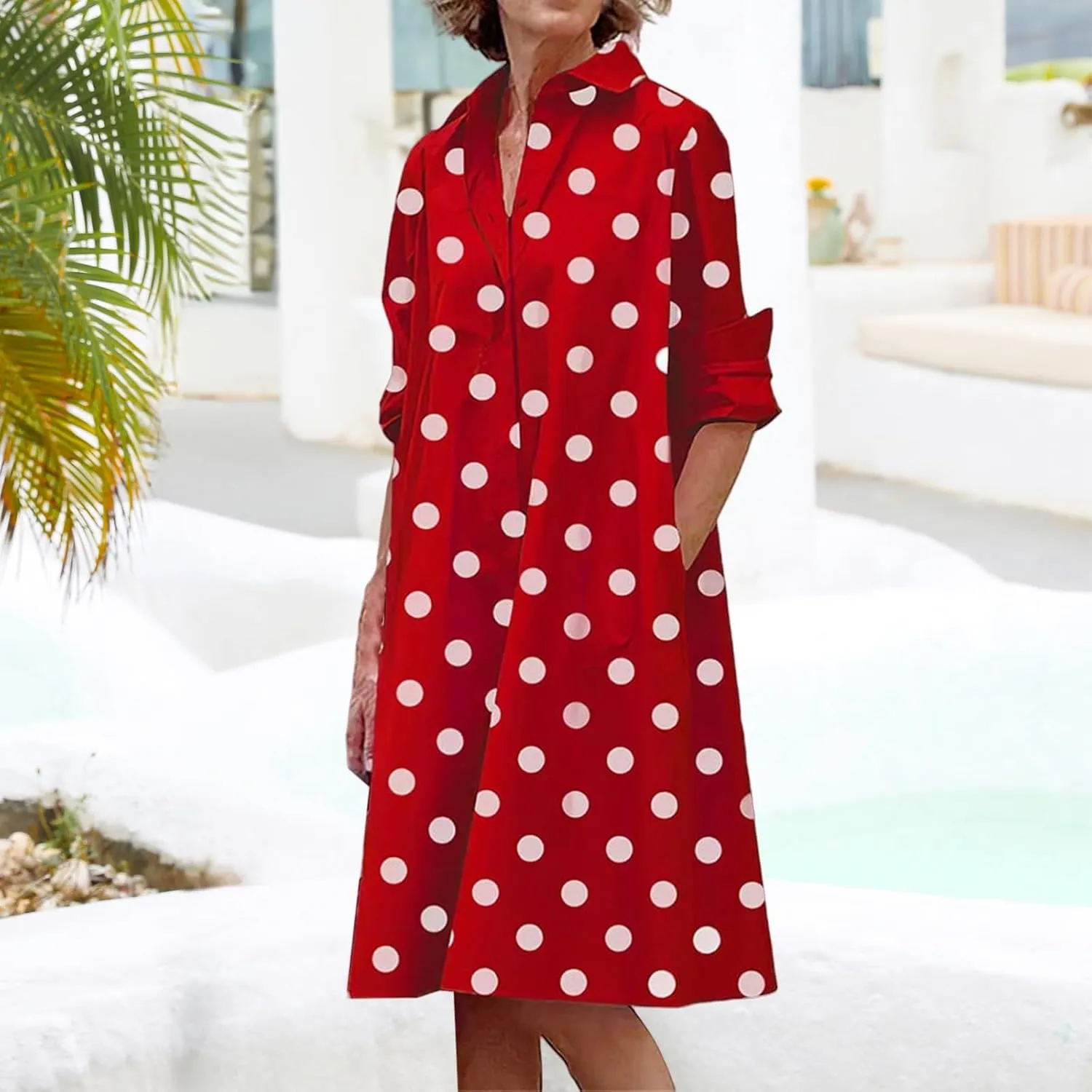 Button Down Dress for Women Summer Long Sleeve V Neck Dresses Business Casual T Shirt Dresses Vacation Sundress Pocket
