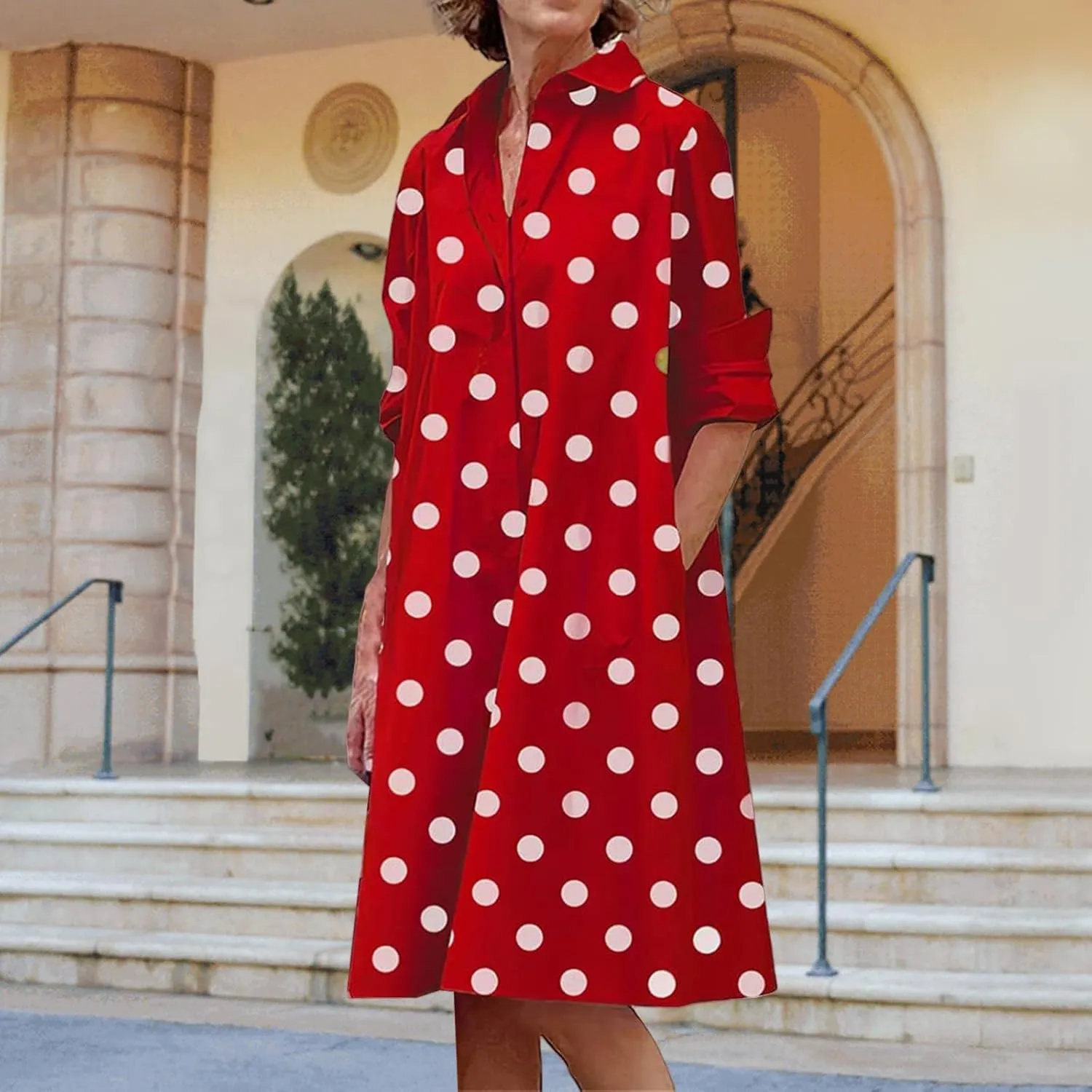 Button Down Dress for Women Summer Long Sleeve V Neck Dresses Business Casual T Shirt Dresses Vacation Sundress Pocket
