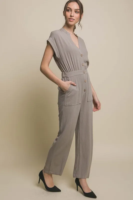 Button Up Chic V-Neck Jumpsuit