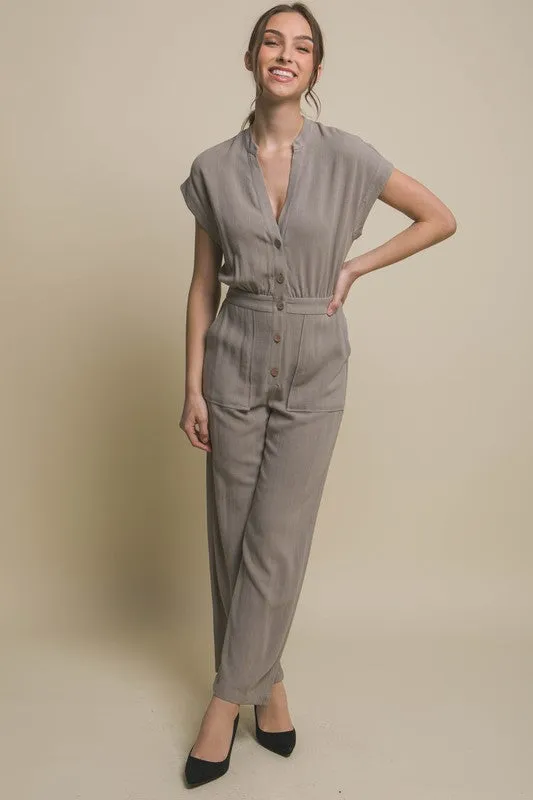 Button Up Chic V-Neck Jumpsuit