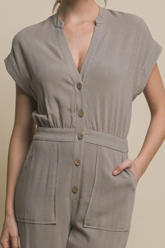 Button Up Chic V-Neck Jumpsuit