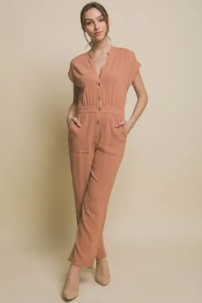 Button Up Chic V-Neck Jumpsuit