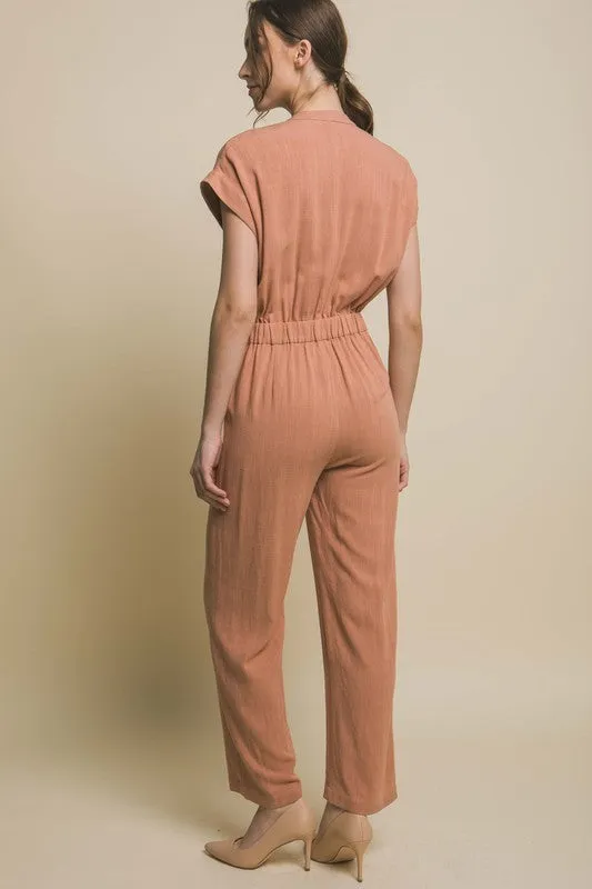 Button Up Chic V-Neck Jumpsuit