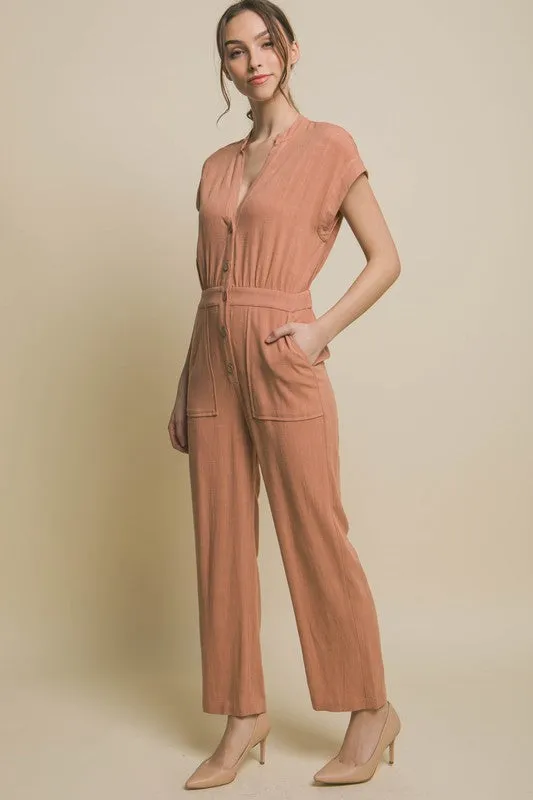 Button Up Chic V-Neck Jumpsuit