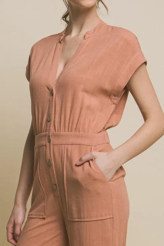 Button Up Chic V-Neck Jumpsuit
